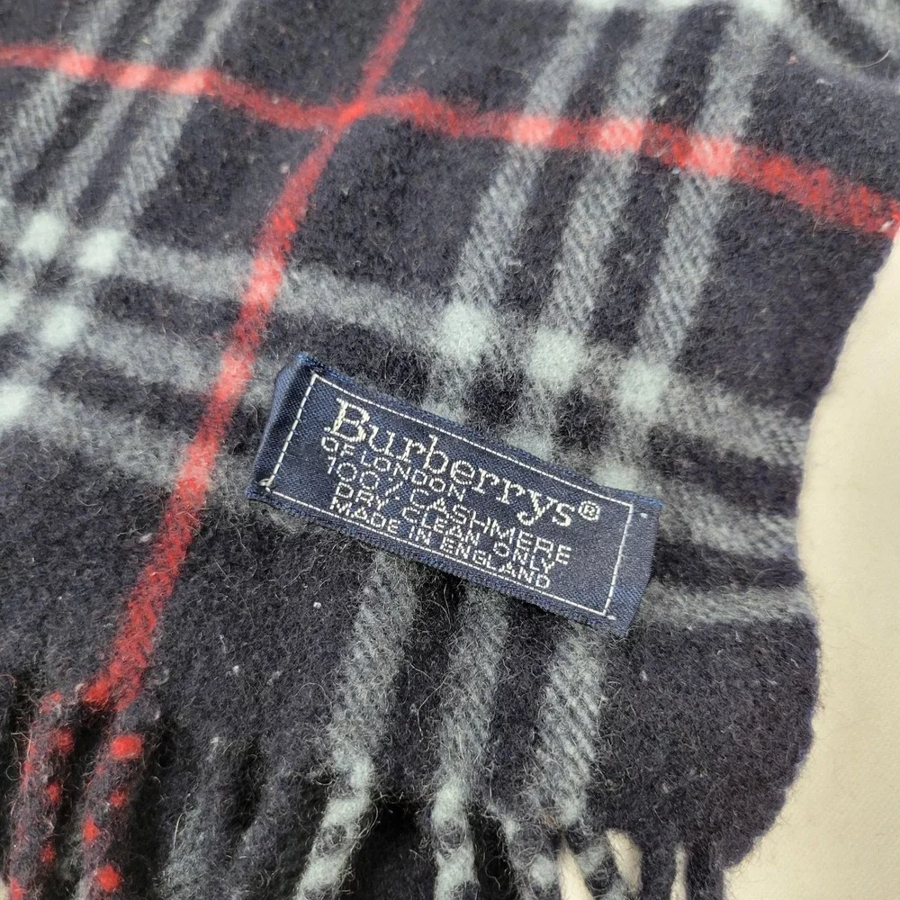 Vintage Burberrys Scarf Womens Blue Plaid 100% Cashmere Fringe‎ Made England